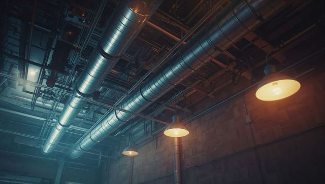 Industrial Ceiling with Metal Ventilation Ducts and Pipes