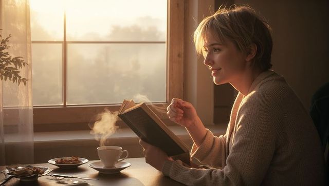 Sunlit morning reading in cozy breakfast nook with steaming cup, pastry and warm knit