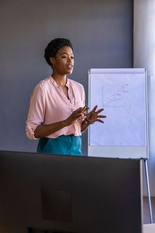 Professional Woman Giving Office Presentation with Flip Chart