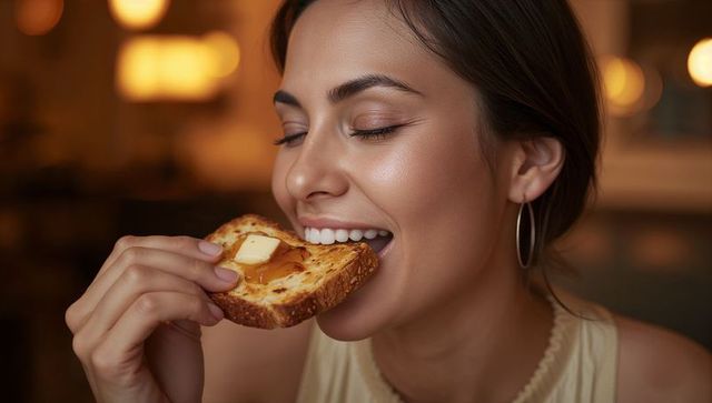 Hispanic woman savoring honey butter toast with eyes closed in warm bokeh cafe portrait