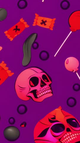 Looping vertical Halloween animation featuring neon skulls and candy on purple background