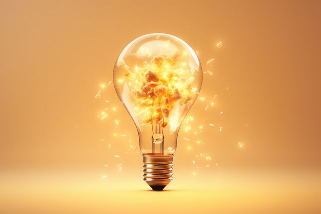 Light bulb containing an explosive spark, represents idea and creativity. Ideal for topics involving innovation, power, energy solutions, modern technology and giving presentations on dynamic thinking or groundbreaking concepts.