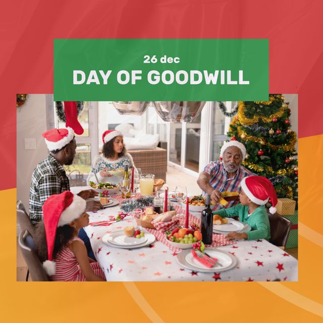 Square image of diverse people wearing santa claus hats an day of goodwill text. Day of goodwill campaign.