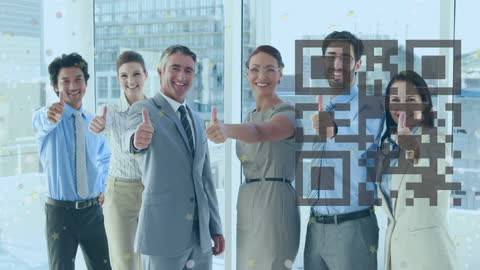 Diverse Business Team Smiling with QR Code Overlay