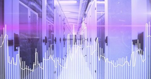 Central Data Center Aisle with Telemetry Graph Overlay Showing Server Performance Metrics