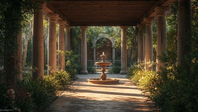 Sunlight streaming through colonnade framing tiered stone fountain in tranquil garden courtyard