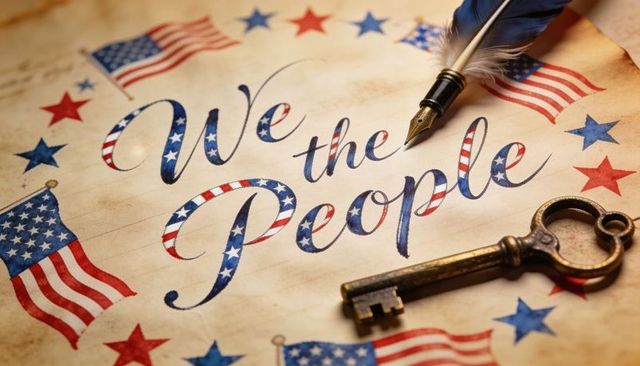 Antique vellum we people calligraphy with quill and brass key patriotic heritage
