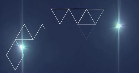 Floating white wireframe triangle cluster with cyan starbursts on deep blue gradient