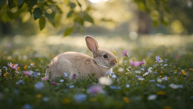 Sunlit Tan Rabbit Resting in Wildflower Meadow at Golden Hour, Spring Tranquility
