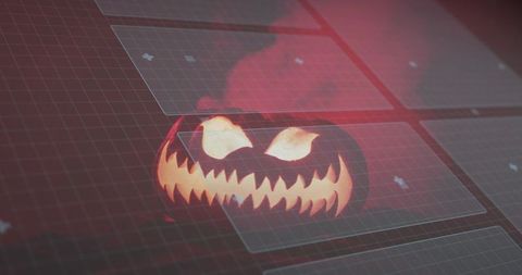 Glowing jack-o'-lantern with menacing carved face on futuristic grid emitting red smoke