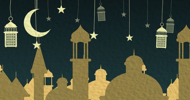 Gold Cut Out Islamic Cityscape at Night with Moon, Stars, and Lanterns - Download Free Stock Images Pikwizard.com