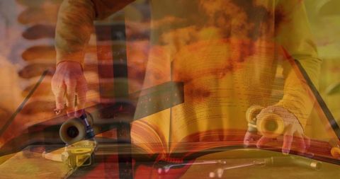 Surreal double exposure man repairing skateboard on workbench with open book, maker lifestyle