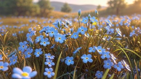 Vibrant blue forget me not in sunny meadow landscape