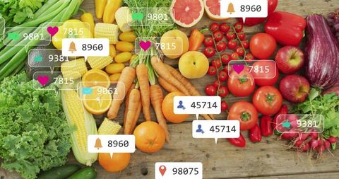 Colorful fresh produce flatlay with floating social media notifications for food marketing