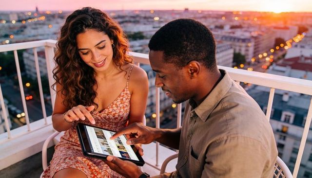 Sharing tablet on rooftop balcony at sunset, young couple browsing photos and travel ideas