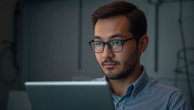 Young professional focusing on tablet at modern workstation with eyeglass reflection