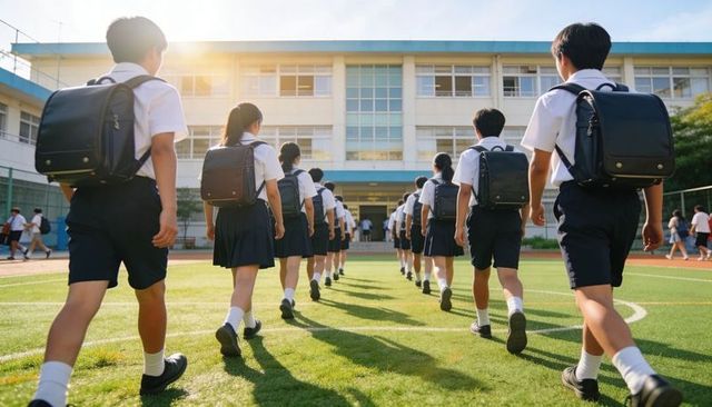 Sunlit students walking to school in uniforms carrying black backpacks on green field