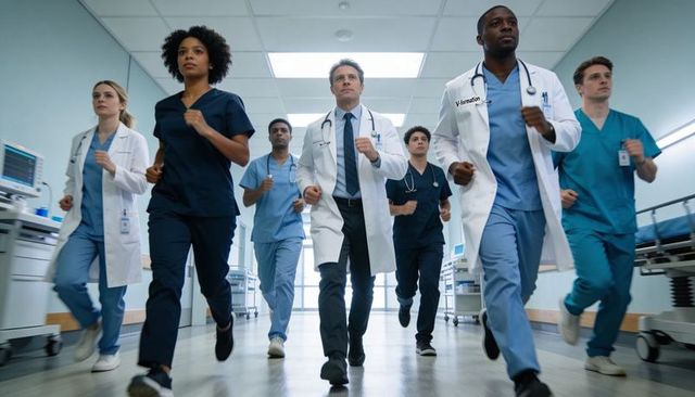 Urgent hospital team running down corridor rapid medical response doctors nurses in scrubs
