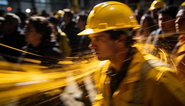 Industrial worker moving through sparks wearing yellow hard hat and reflective hi-vis