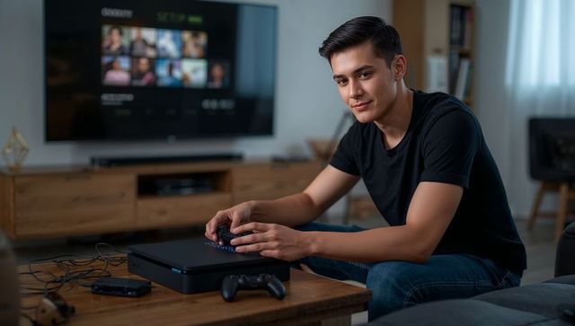 Asian gamer enjoying game console relaxation in cozy living room