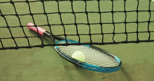 Image of tennis racket and tennis ball on the green court. Healthy active lifestyle and tennis.