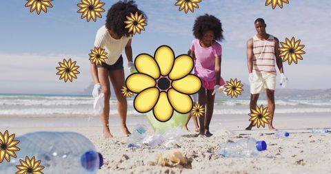 Volunteers on Beach Picking Litter Community Clean Up