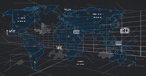 Displaying neon-blue world map with holographic dashboard, hex clusters and node markers