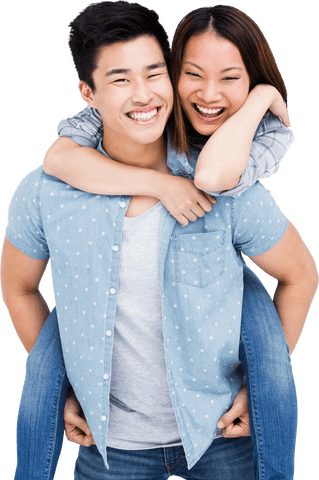 Smiling Couple Enjoying Piggyback Ride with Transparent Background
