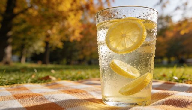 Sparkling lemonade glass on gingham picnic blanket with lemon slices in sunlit autumn park