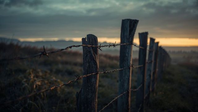 Rustic Wooden Fence at Dawn Over Scenic Rural Landscape