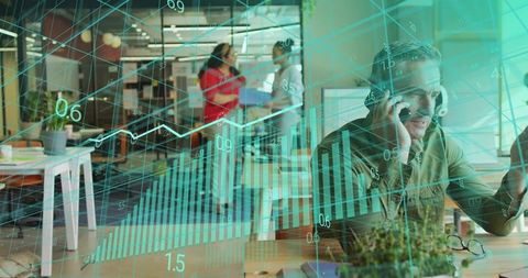 Businessman Using Headset in Modern Office with Data Overlay