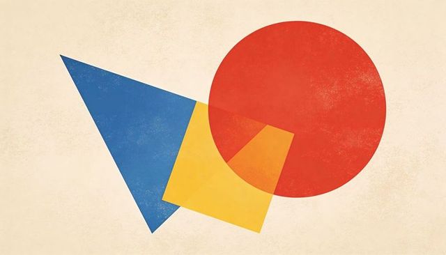 Overlapping primary geometric shapes evoking retro texture on cream canvas, minimal art