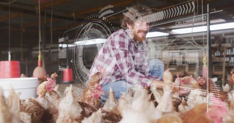 Man with virtual interface feeding hens in smart poultry barn