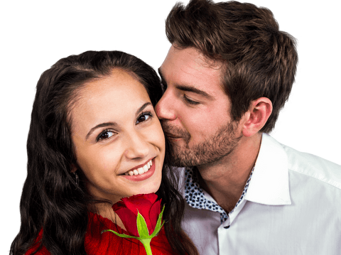 Smiling couple with rose on transparent background