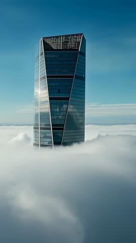 Drone revealing glass skyscraper emerging from fog with V-shaped facade and open rooftop