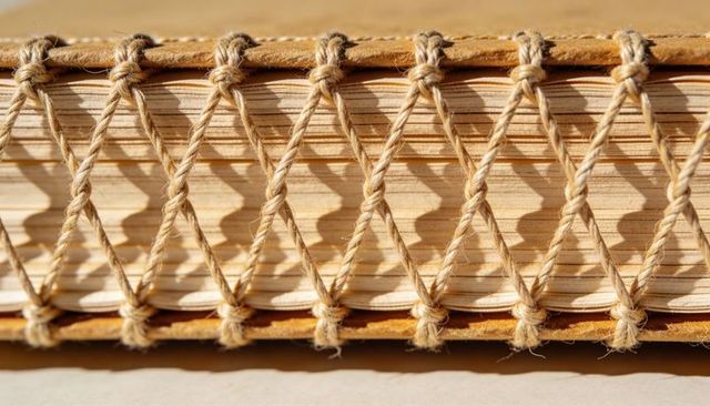 Hand-bound leather journal spine with exposed long-stitch sewing and twisted cord knots