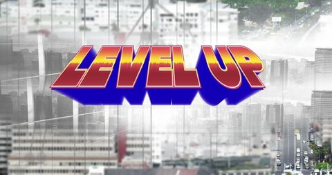 Level Up Text Overlay on Cityscape Background