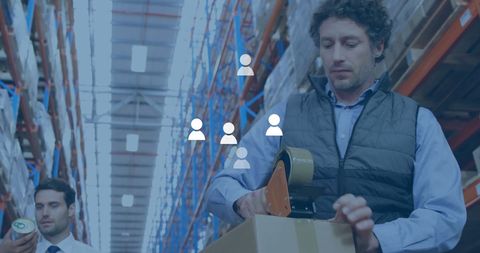 Warehouse Workers Packaging Products with Digital Overlay