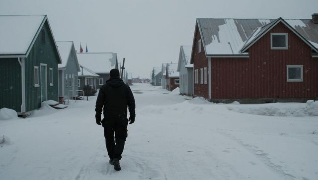 Solitary man walking down snow-covered village street between wooden houses under gray sky