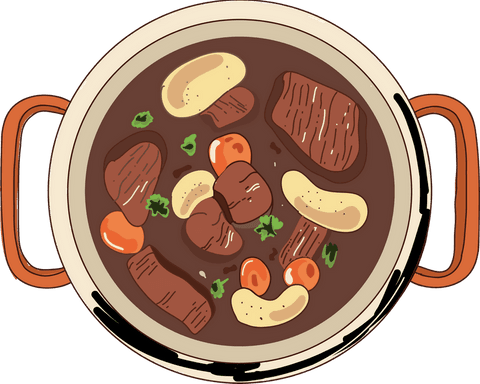 Top-down transparent view of steaming brown stew pot