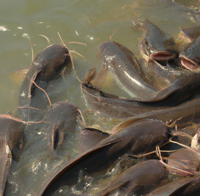 Close up of multiple shiny brown catfish swimming in lake. Nature, animals and fish concept.