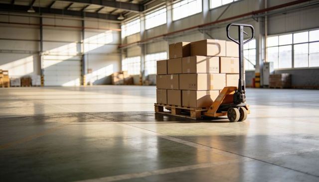Manual pallet jack carrying stacked cardboard boxes on wooden pallet in warehouse interior