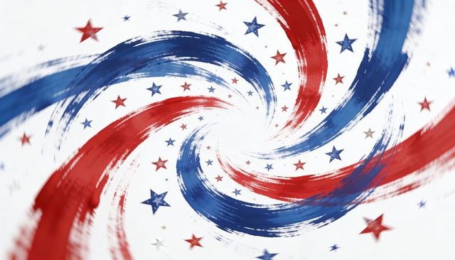 Spiraling patriotic brush strokes creating red blue vortex with stars
