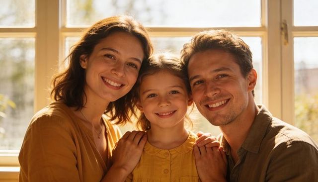 Smiling young family embracing daughter in warm sunlit home interior, tender natural light, cozy moo