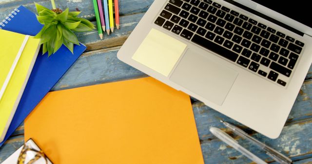 Laptop on Blue Wooden Desk with Office Supplies and Plant - Download Free Stock Images Pikwizard.com