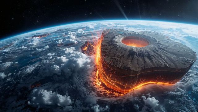 Floating volcanic megastructure drifting above planetary clouds with glowing lava rift