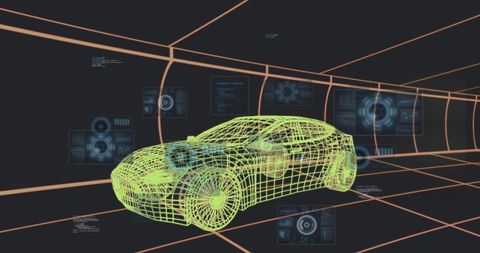 Rendering neon-green wireframe sedan inside futuristic cad tunnel with floating hud panels