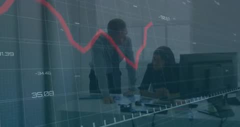 Data Analysts Collaborating with Stock Market Graph Overlays