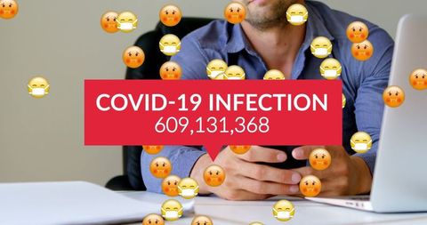 Covid-19 statistics smartphone interface with emoji overlay