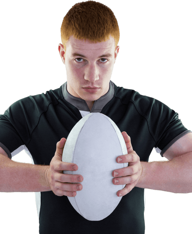 Rugby player holding ball i looking focused and confident transparent background